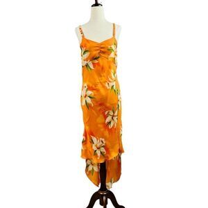 Vintage Y2K Nicolete Orange Tropical Aloha Hawaiian Hi-lo Maxi Dress